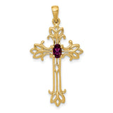 10k Yellow Gold Cross Pendant with Rhodolite Garnet, Scrollwork Vintage Faith Design