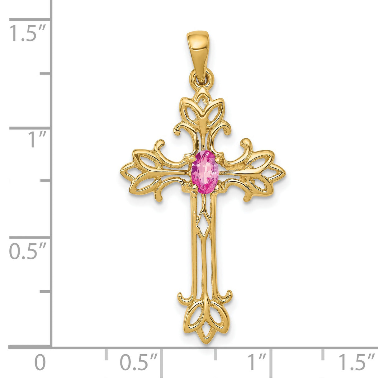 10k Yellow Gold Cross Pendant with Pink Sapphire, Filigree Fleur and Scrollwork Design