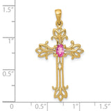 10k Yellow Gold Cross Pendant with Pink Sapphire, Filigree Fleur and Scrollwork Design