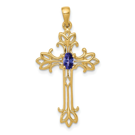 10k Yellow Gold Cross Pendant with Tanzanite, Filigree Design, Religious Vintage Style