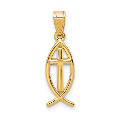 10k Yellow Gold Ichthys Fish Pendant with Cross Symbol, Christian Religious Charm