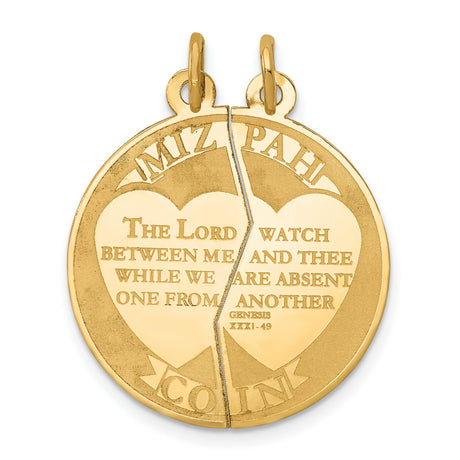 10k Yellow Gold Mizpah Coin Pendant with Split Heart and Genesis 31:49 Scripture