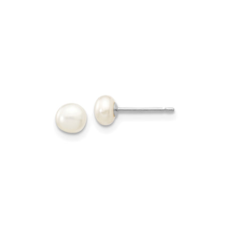10k White Gold Stud Earrings with Round Cultured Freshwater Pearls, Classic Button Design