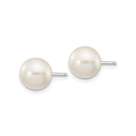 10k White Gold Stud Earrings with Round Cultured White Pearls, Classic Bridal Style