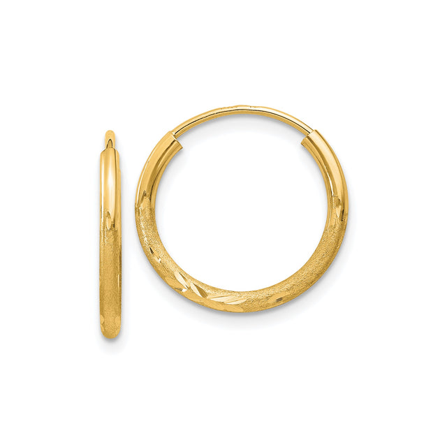 10k Yellow Gold Hoop Earrings with Diamond Cut Leaf Pattern and Textured Polished Finish