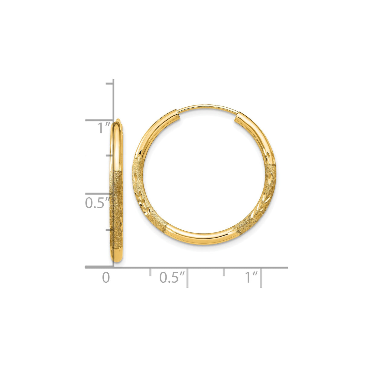 10k Yellow Gold Hoop Earrings, Diamond Cut Leaf Pattern with Matte and Polished Finish