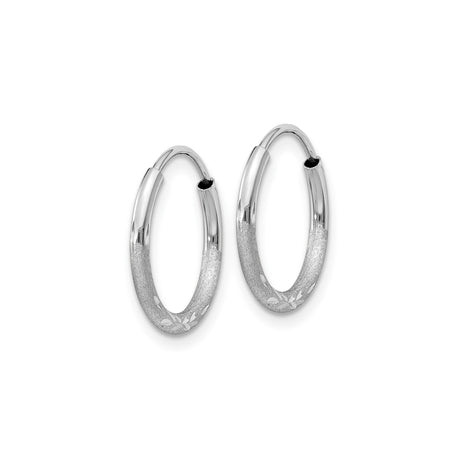 10k White Gold Hoop Earrings with Diamond Cut Floral Pattern and Polished Finish