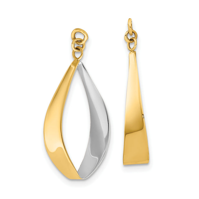 10k Yellow Gold Drop Earrings, Rhodium Twist Open Teardrop Design, Polished Two-Tone Dangle Jewelry