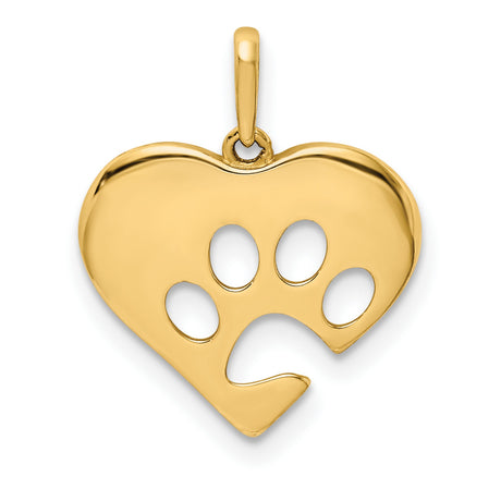 Polished Heart with Paw Print Charm Pendant in Real 10k Yellow Gold