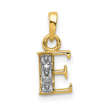 10k Multi-Tone Gold Diamond Initial E Pendant, Block Letter Charm, Rhodium Plated