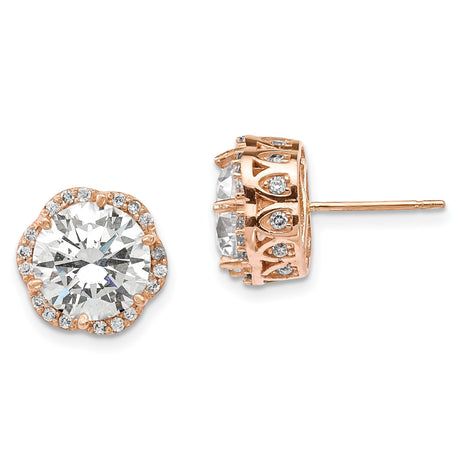 10k Rose Gold Stud Earrings with Round Cut Cubic Zirconia and Halo Setting