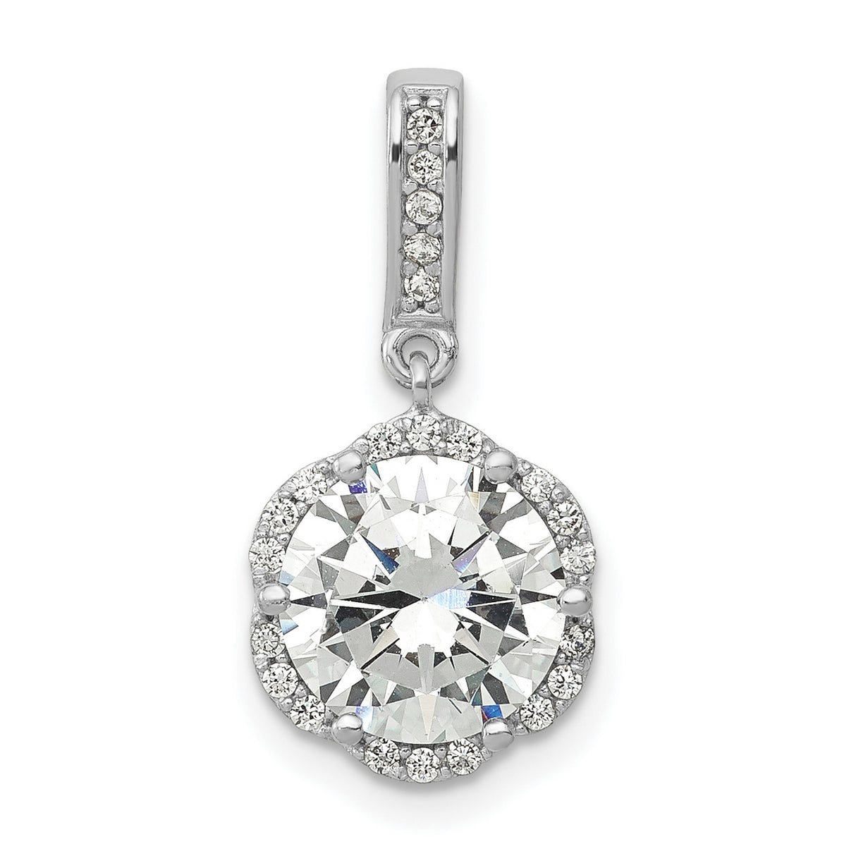 10k White Gold Pendant with Cubic Zirconia, Halo Design, Polished Solitaire Charm for Women