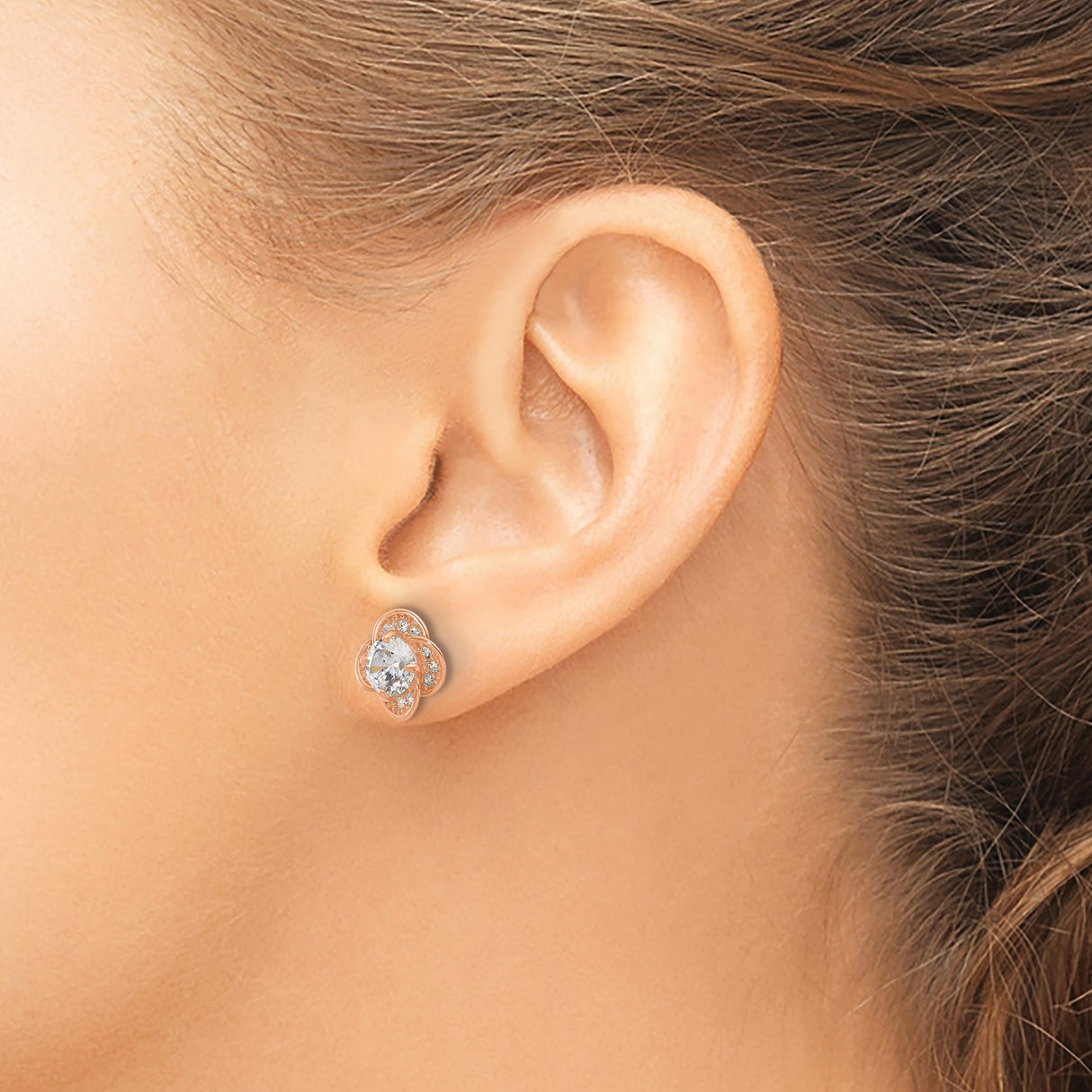 10k Rose Gold Floral Stud Earrings with Cubic Zirconia, Clover Design for Women