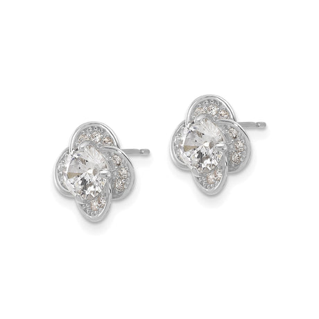 10k White Gold Stud Earrings with Cubic Zirconia, Floral Loop and Clover Design