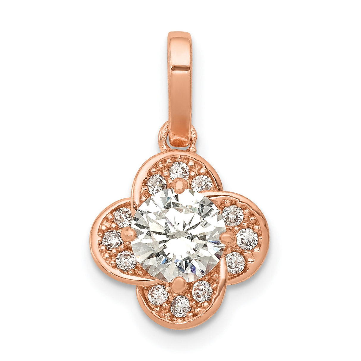 10k Rose Gold Flower Pendant with Cubic Zirconia, Clover Design Charm for Women