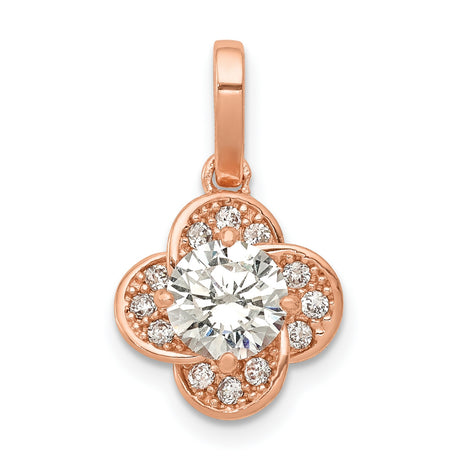 10k Rose Gold Flower Pendant with Cubic Zirconia, Clover Design Charm for Women