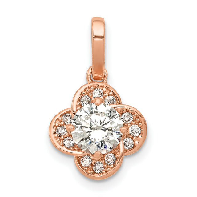 10k Rose Gold Flower Pendant with Cubic Zirconia, Clover Design Charm for Women