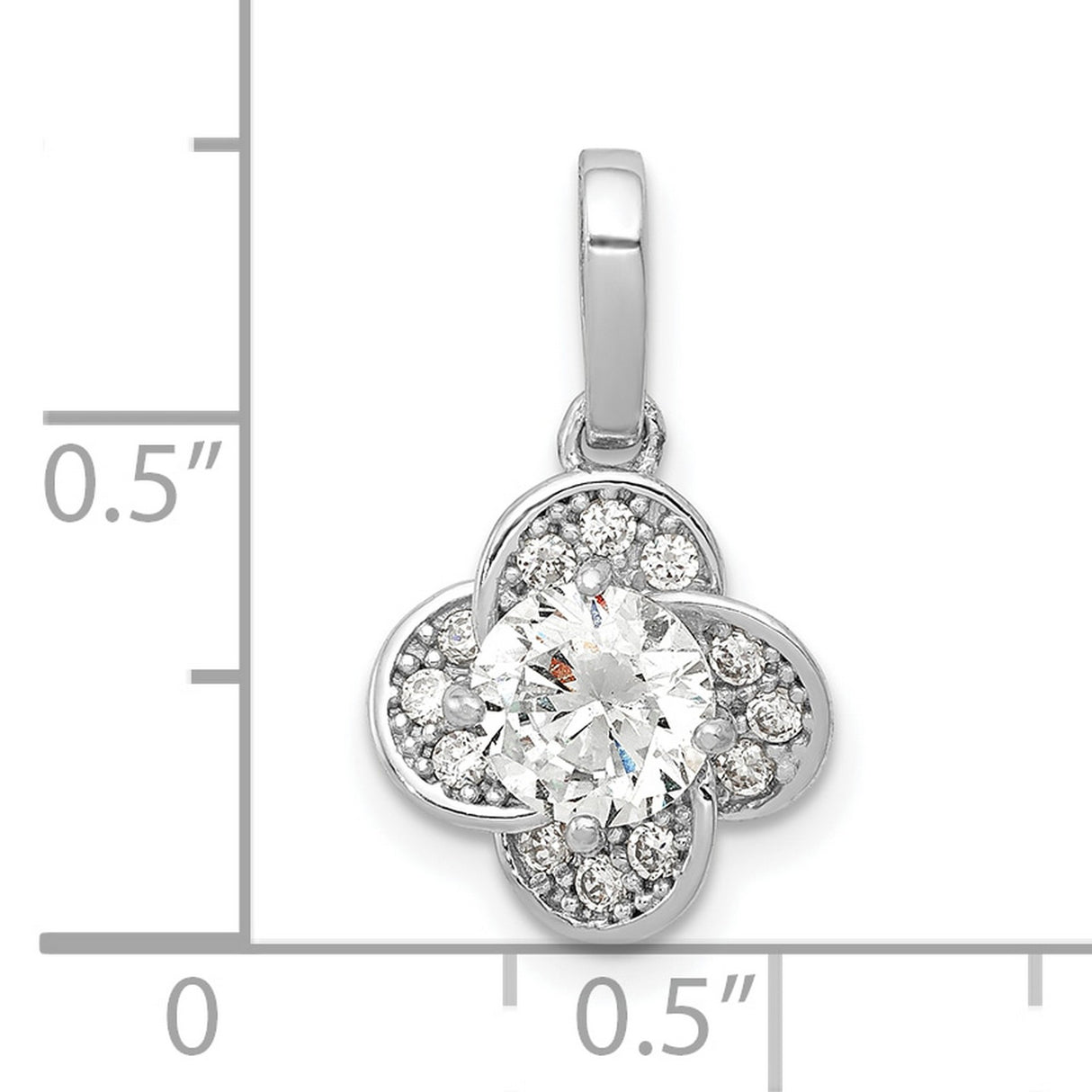 10k White Gold Flower Pendant with Round Center Cubic Zirconia and Pavé Accents