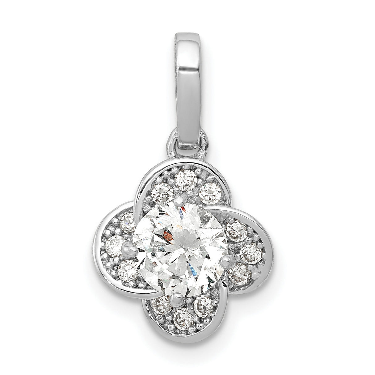 10k White Gold Flower Pendant with Round Center Cubic Zirconia and Pavé Accents