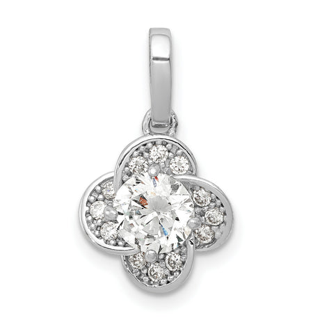 10k White Gold Flower Pendant with Round Center Cubic Zirconia and Pavé Accents