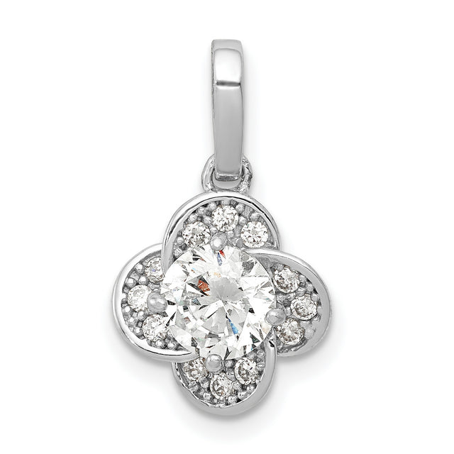 10k White Gold Flower Pendant with Round Center Cubic Zirconia and Pavé Accents