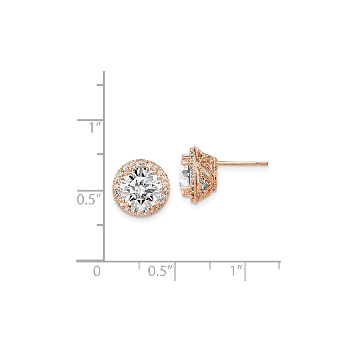 10k Rose Gold Halo Stud Earrings with Round Cubic Zirconia and Vintage Filigree Design