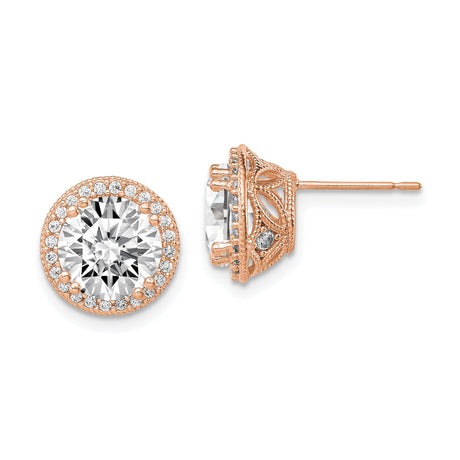 10k Rose Gold Halo Stud Earrings with Round Cubic Zirconia and Vintage Filigree Design