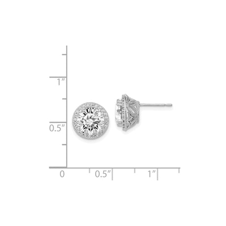 10k White Gold Stud Earrings with Cubic Zirconia and Vintage Halo Filigree Design
