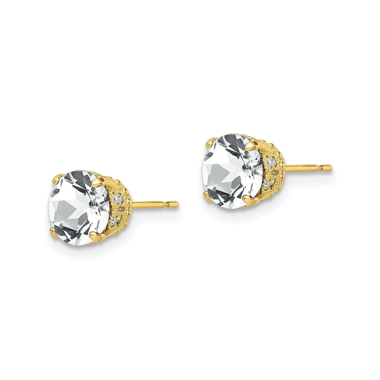 10k Yellow Gold Stud Earrings with Created Sapphire and Diamond Accents, Crown Setting, Polished Finish