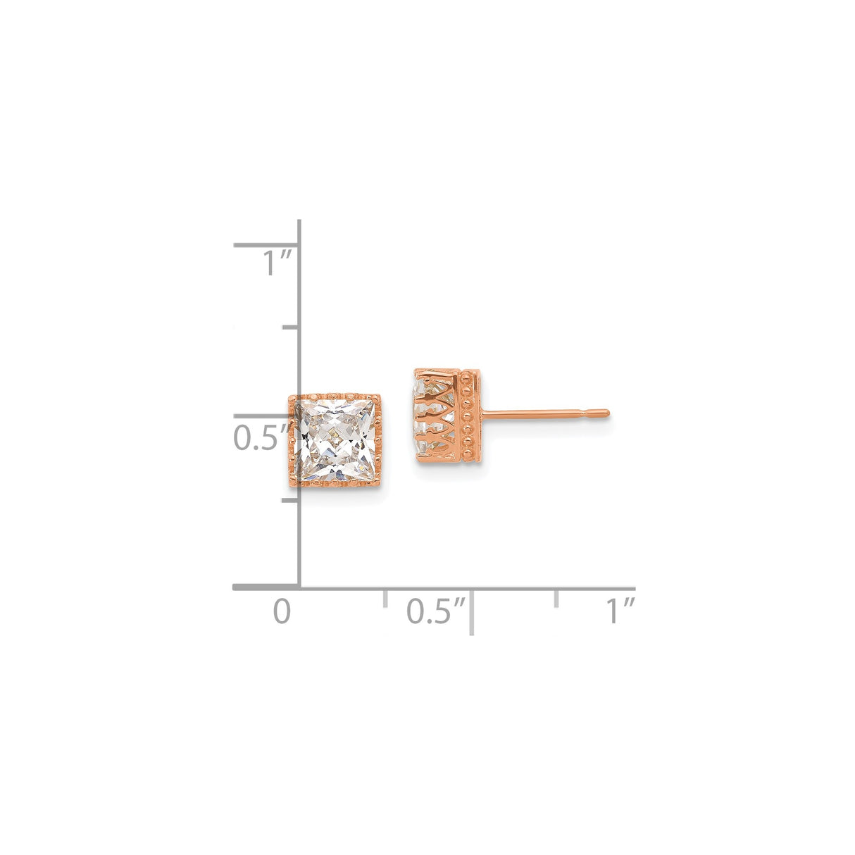 10k Rose Gold Stud Earrings with Square Cut Cubic Zirconia in Vintage Crown Setting