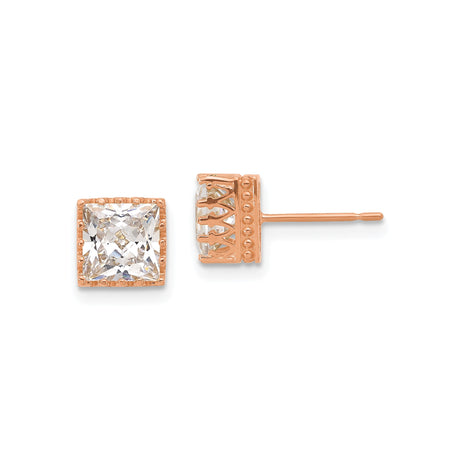 10k Rose Gold Stud Earrings with Square Cut Cubic Zirconia in Vintage Crown Setting
