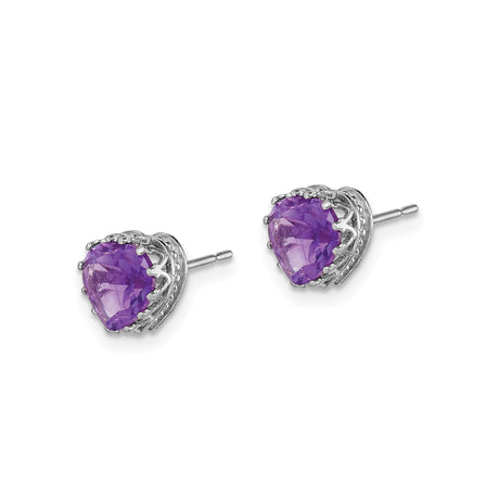 10k White Gold Heart Stud Earrings with Amethyst in Crown Prong Setting