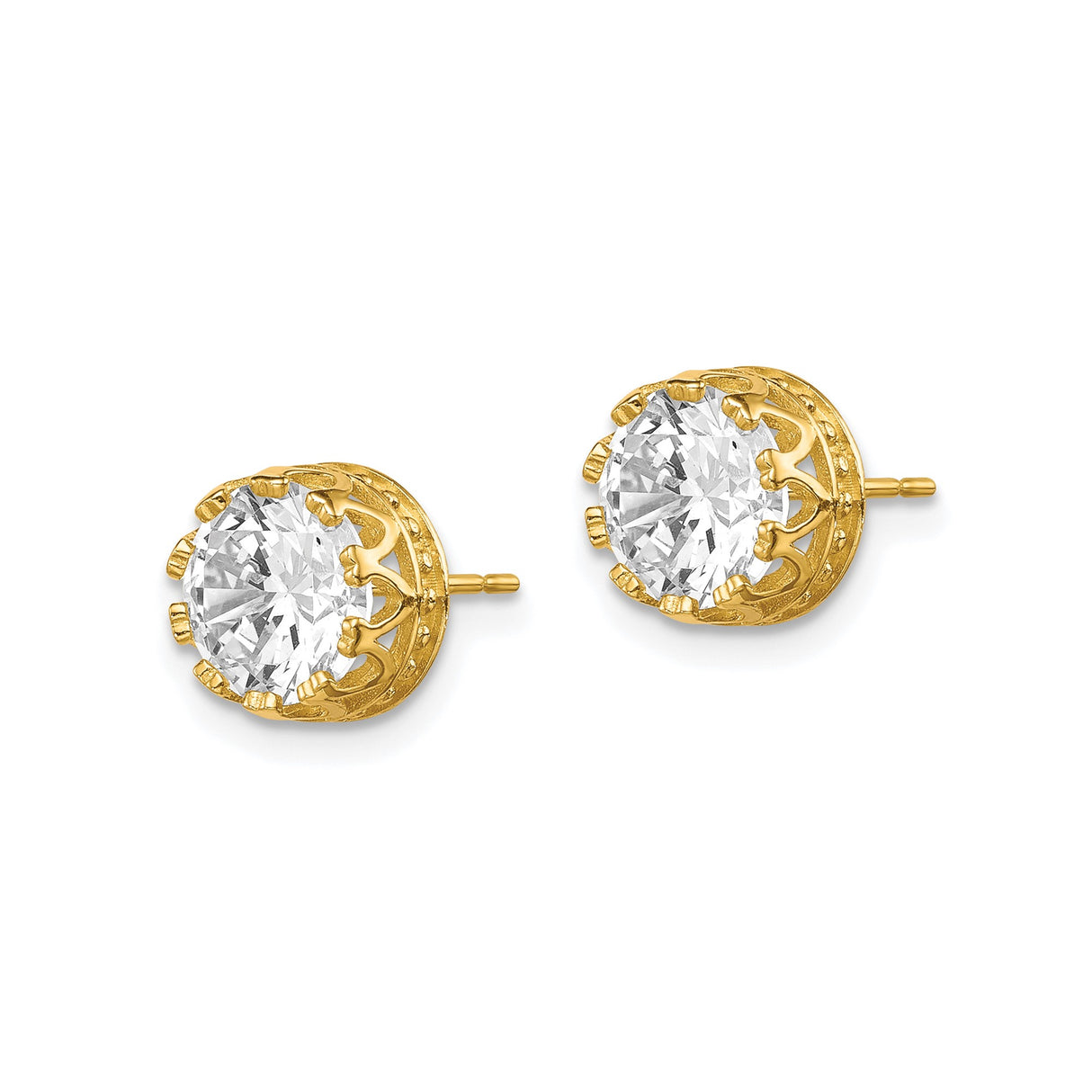 10k Yellow Gold Stud Earrings with Large Round Cubic Zirconia, Crown Prong Solitaire Style