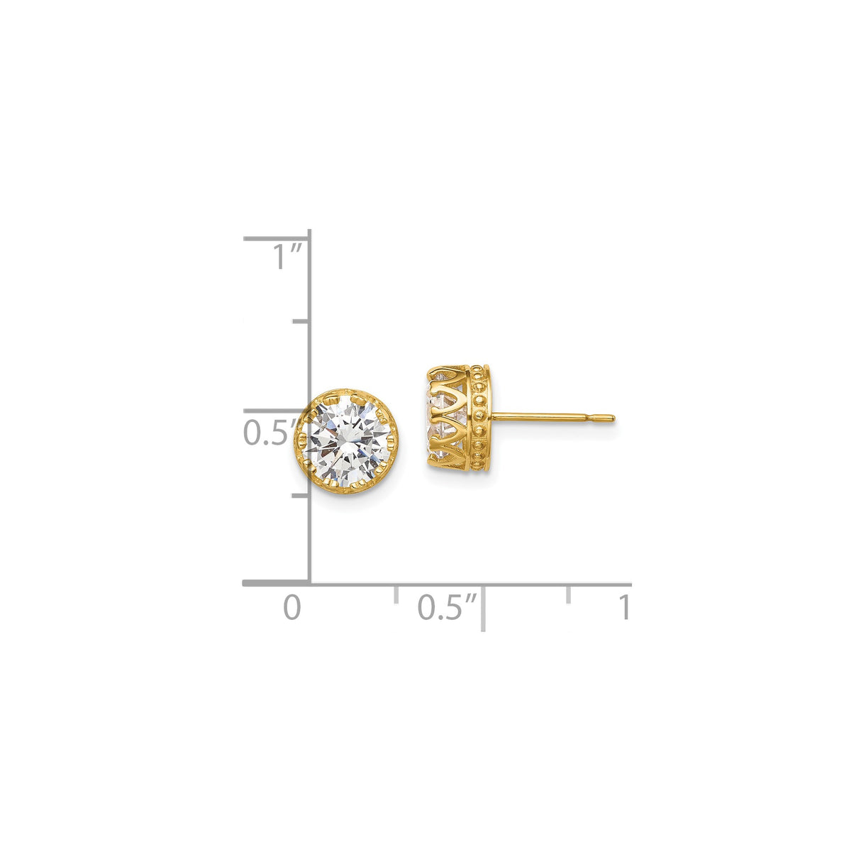 10k Yellow Gold Stud Earrings with Large Round Cubic Zirconia, Crown Prong Solitaire Style