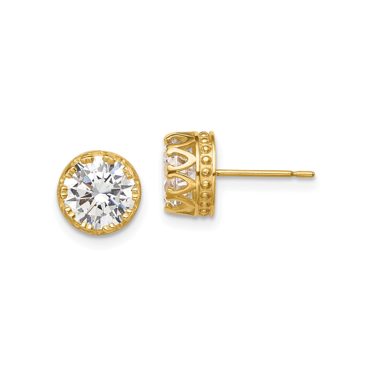 10k Yellow Gold Stud Earrings with Large Round Cubic Zirconia, Crown Prong Solitaire Style
