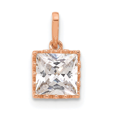 10k Rose Gold Pendant with Square Cut Cubic Zirconia in Bezel Setting, Minimalist Textured Design