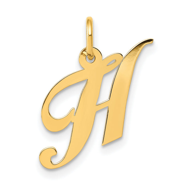 10k Yellow Gold Script H Pendant, Polished Cursive Letter Charm for Women