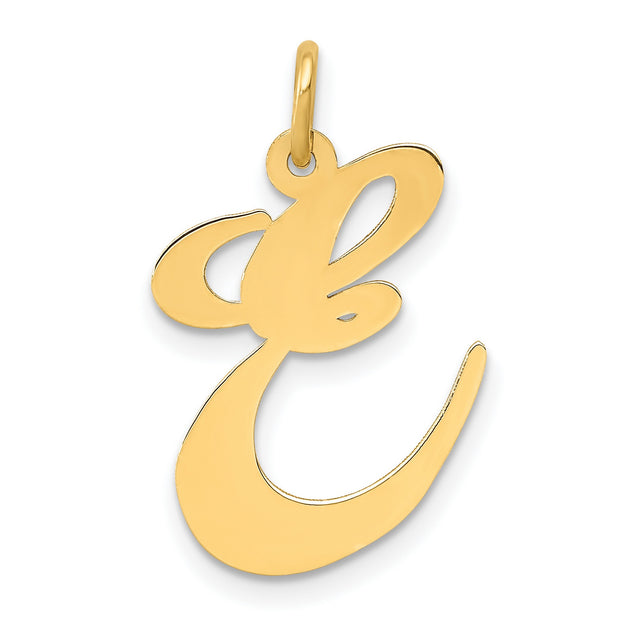 10k Yellow Gold Script Initial E Pendant, Polished Cursive Letter Charm for Women