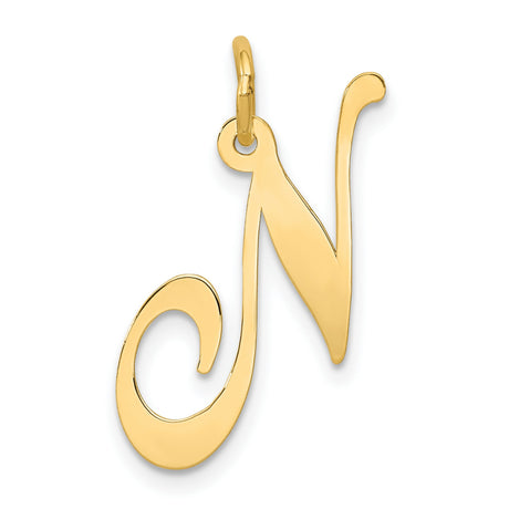 10k Yellow Gold Letter N Pendant, Cursive Script Initial Charm, Polished Finish for Women
