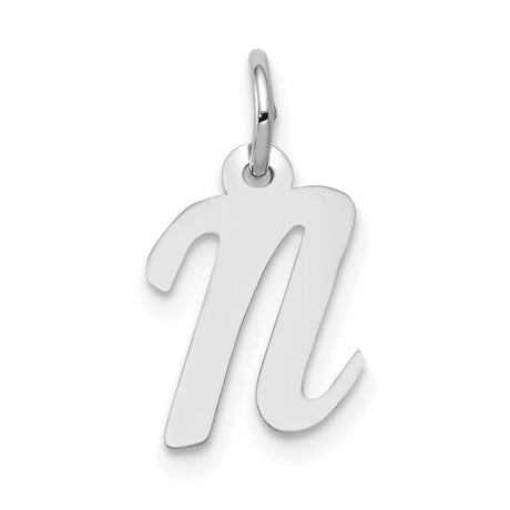 10k White Gold Script Initial N Pendant, Polished Finish, Minimalist Letter Charm for Women