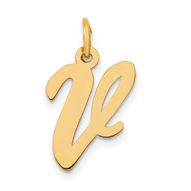 10k Yellow Gold V Initial Pendant, Cursive Script Letter Charm for Women