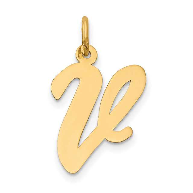 10k Yellow Gold Script V Pendant, Polished Cursive Letter Alphabet Charm for Women