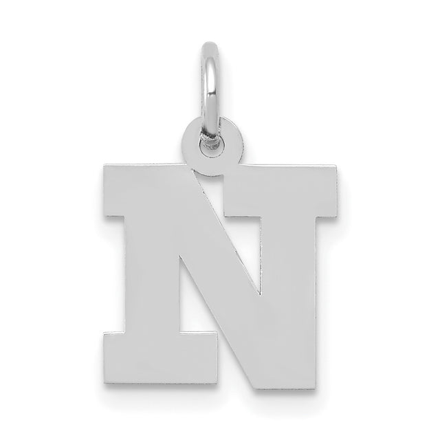 10k White Gold Initial N Pendant Charm, Bold Block Letter Design, Unisex Alphabet Jewelry
