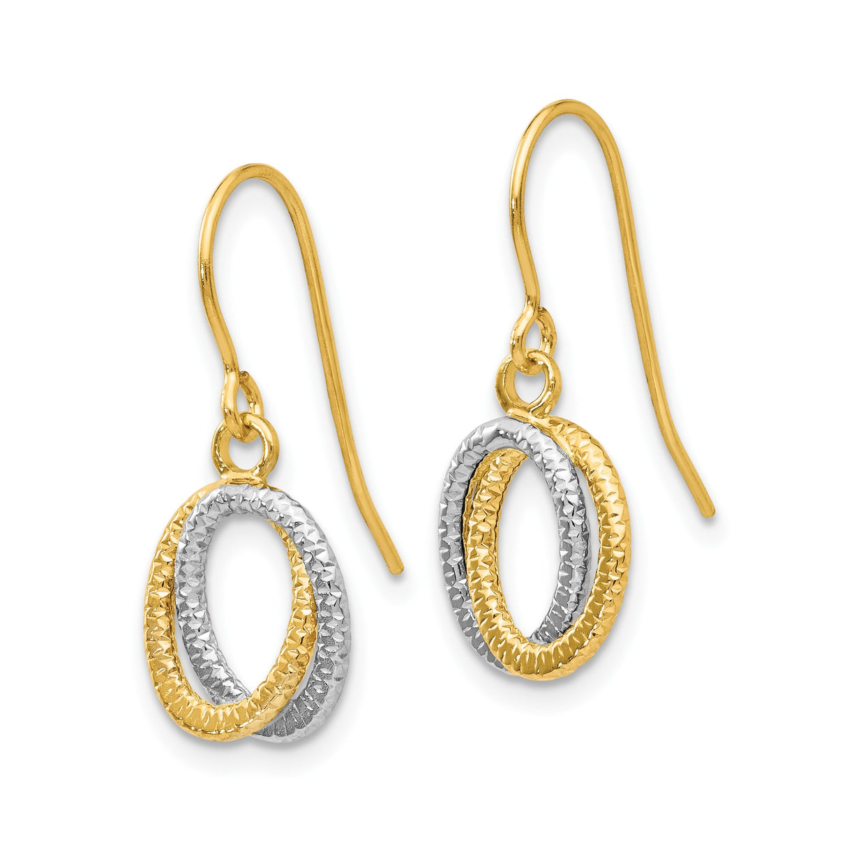 10k Two-Tone Gold Dangle Earrings with Interlocking Textured Oval Loops, Drop Style for Women