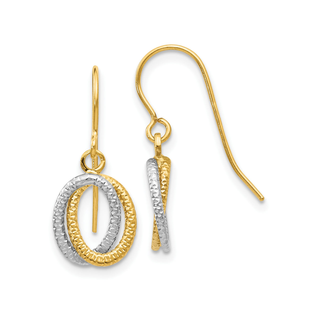 10k Two-Tone Gold Dangle Earrings with Interlocking Textured Oval Loops, Drop Style for Women