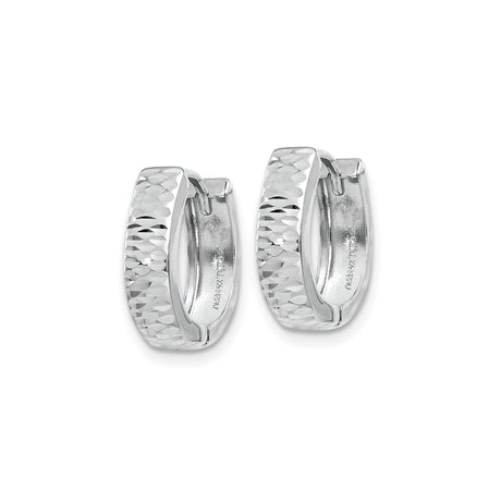 10k White Gold Hoop Earrings, Diamond Cut Textured Finish, Lightweight Hinged Design