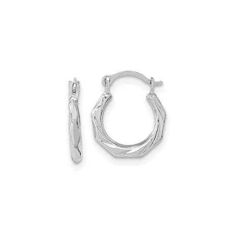 10k White Gold Hoop Earrings with Twisted Faceted Octagon Design, Polished Finish