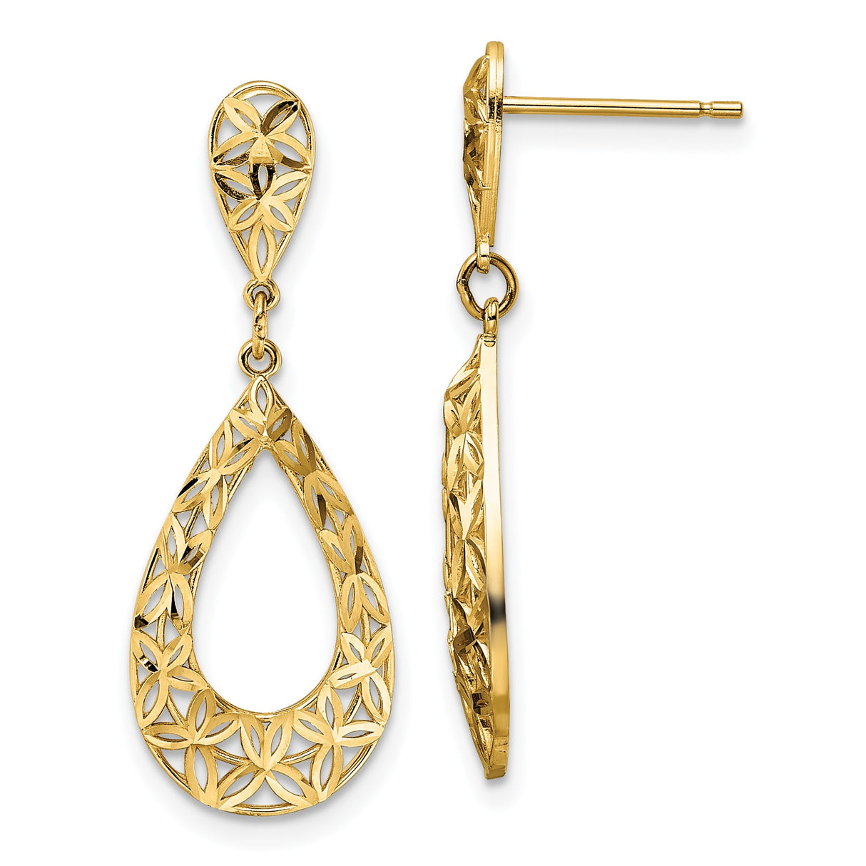 10k Yellow Gold Dangle Earrings with Open Teardrop and Floral Filigree Design