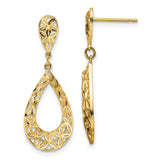 10k Yellow Gold Dangle Earrings with Open Teardrop and Floral Filigree Design