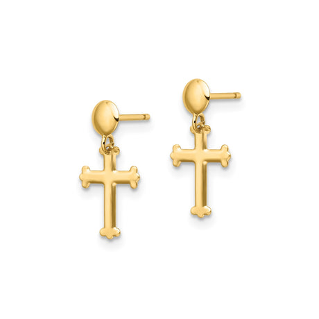 10k Yellow Gold Cross Dangle Earrings, Religious Drop Design for Men and Women